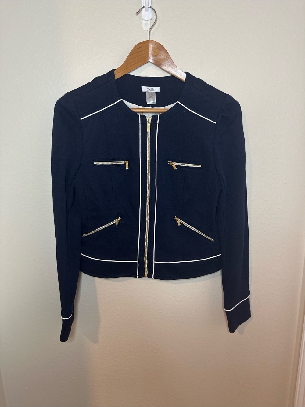 Caché Navy Blue Gold Zip Jacket White Piping NWT Size 8